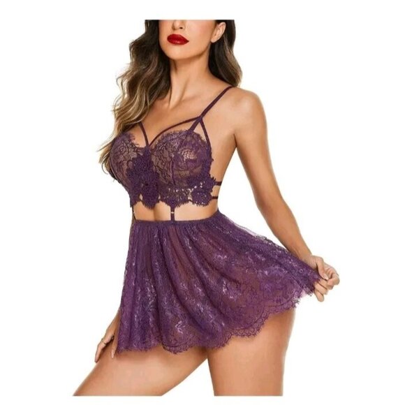 Avidlove Lingerie Women 3XL Lace Babydoll Mesh Nightwear Chemise Nightie Purple - Picture 4 of 6